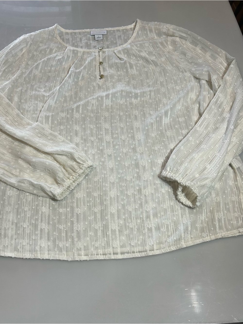 Liz Claiborne Ivory Swiss Dot Long Sleeve Boho Blouse Shirt Size Large